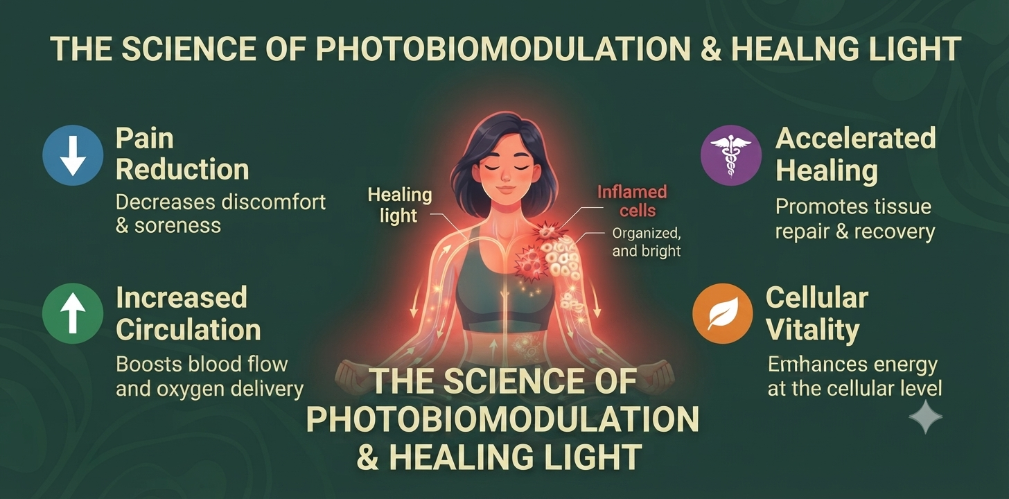Educational visualization of red light therapy benefits and cellular healing