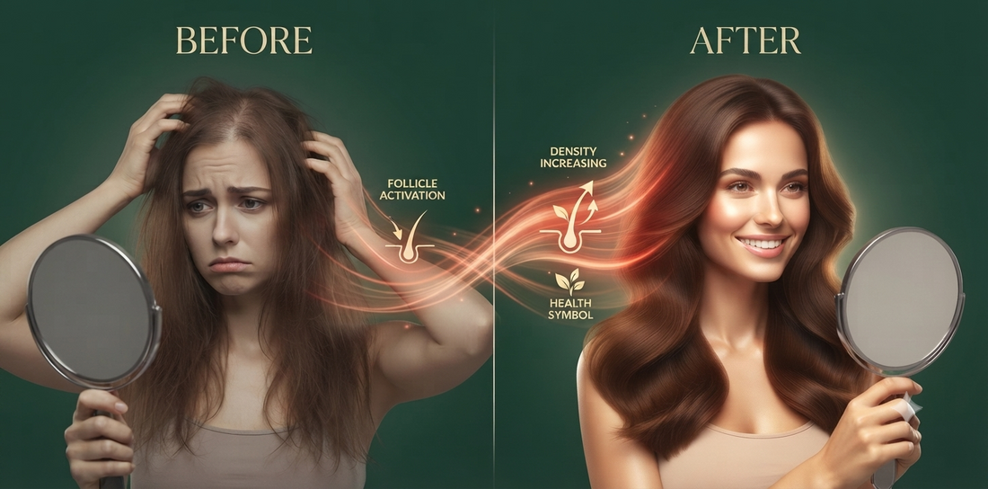 Person experiencing hair transformation through scalp wellness
