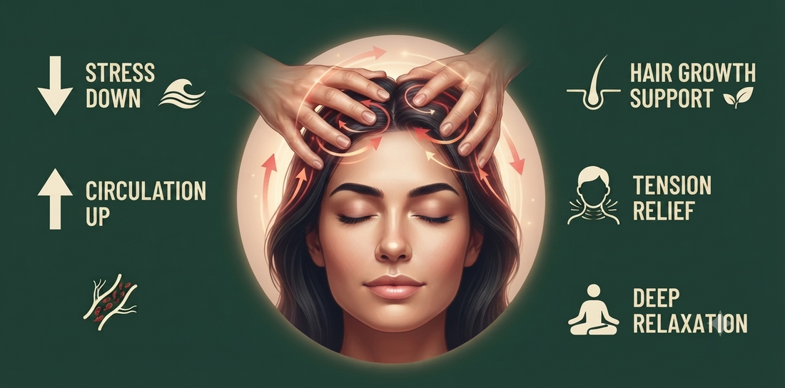 Instructional guide showing scalp massage techniques and benefits