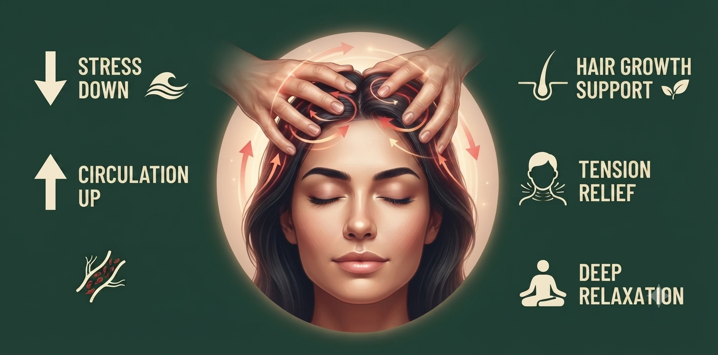 Instructional guide showing scalp massage techniques and benefits