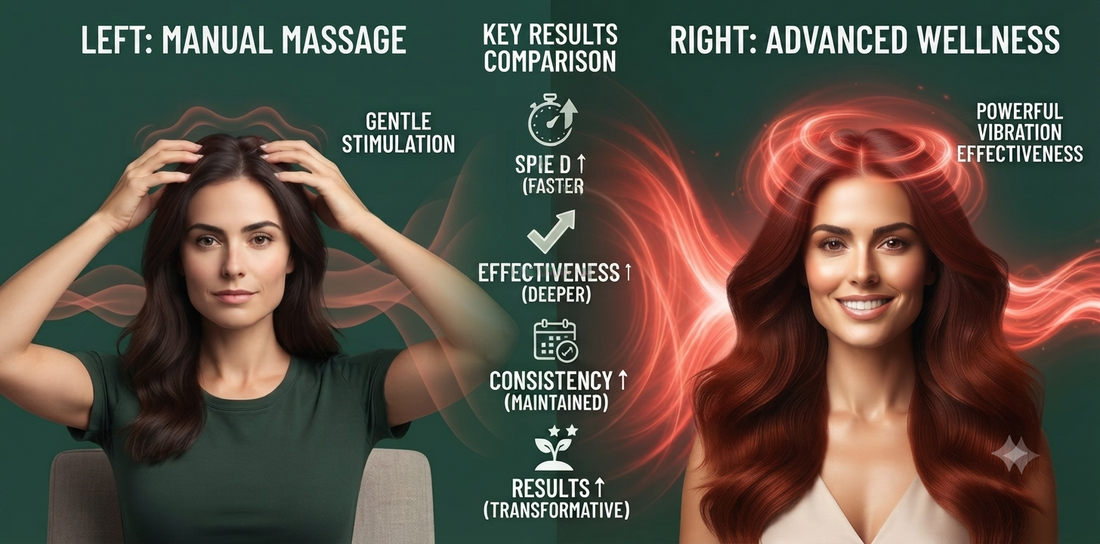 Comparison visualization showing effectiveness of vibrating vs manual scalp massage