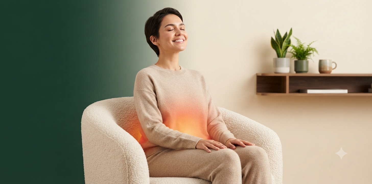 Person experiencing lower back pain relief through natural heat therapy