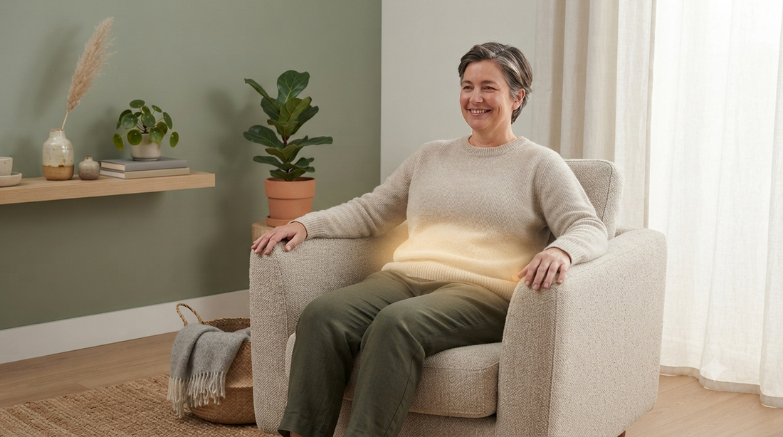 Smiling woman seated in an armchair with gentle warmth at her lower back