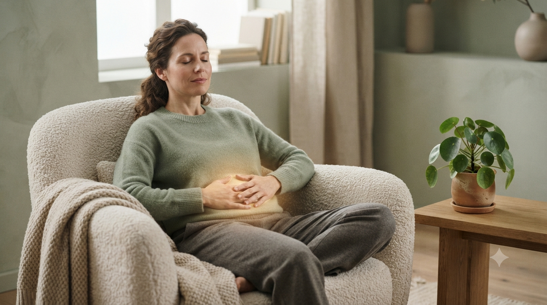 Woman relaxing in an armchair with hands resting gently on her abdomen
