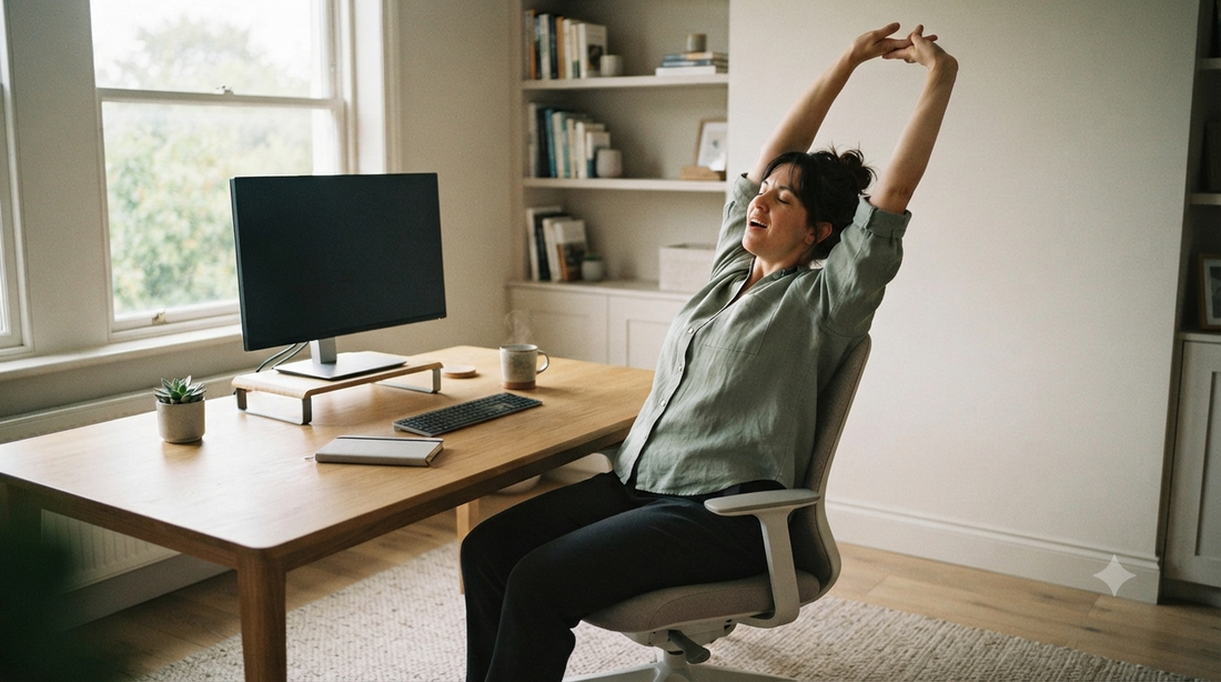 Woman stretching her arms overhead at a home office desk