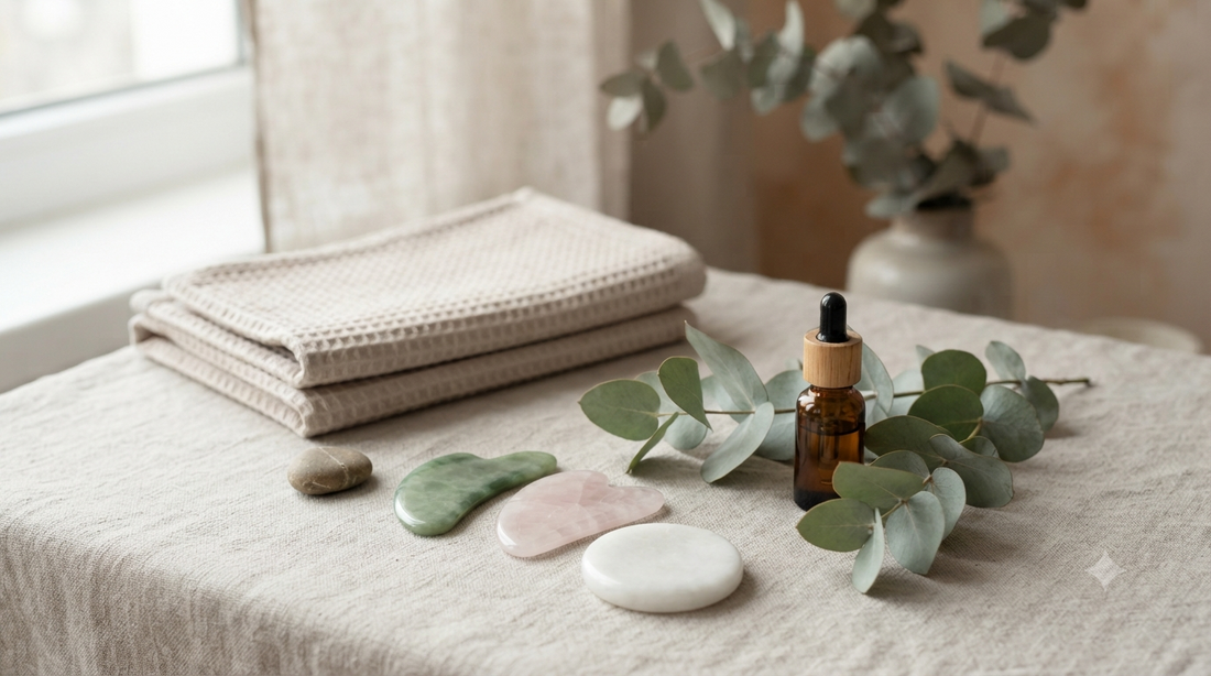 Spa still life with gua sha stones, folded towels, essential oil and eucalyptus