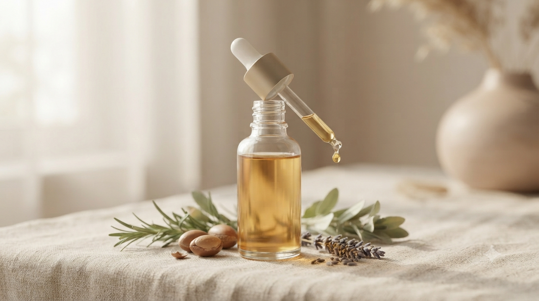 Glass dropper bottle of golden hair oil with botanicals on linen