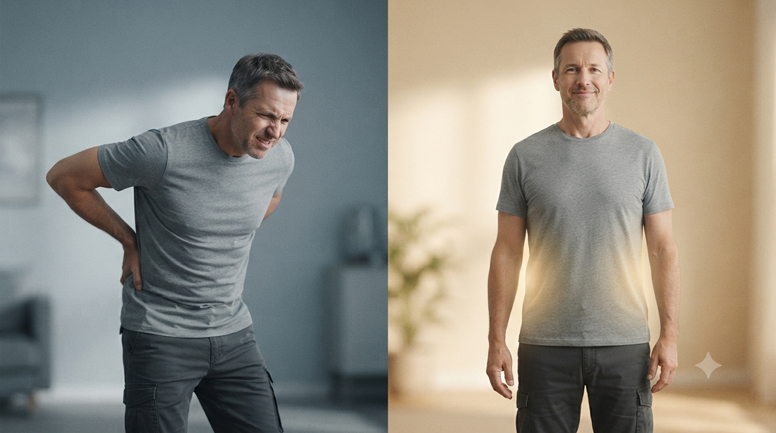 Man with lower back pain beside the same man standing relaxed and relieved