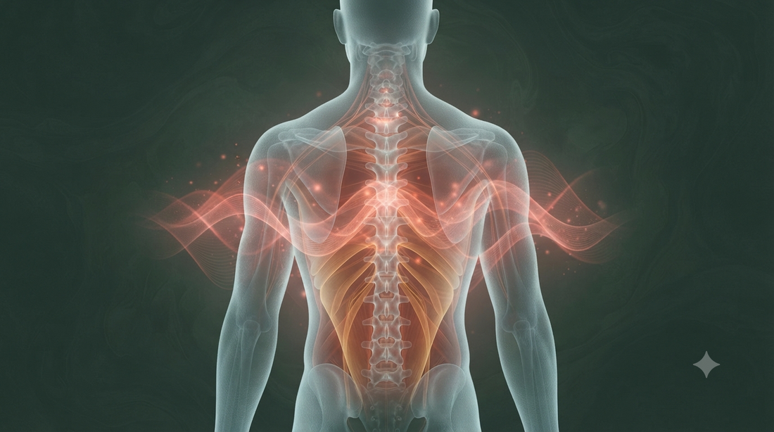 Soft red light waves penetrating a translucent silhouette of a human back and spine