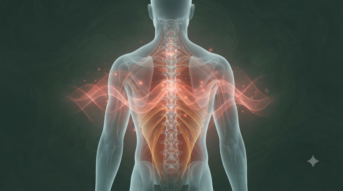 Soft red light waves penetrating a translucent silhouette of a human back and spine