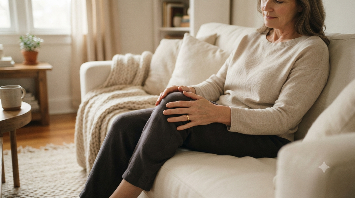 Woman relaxing on a sofa with hands resting on her knee in a cozy living room