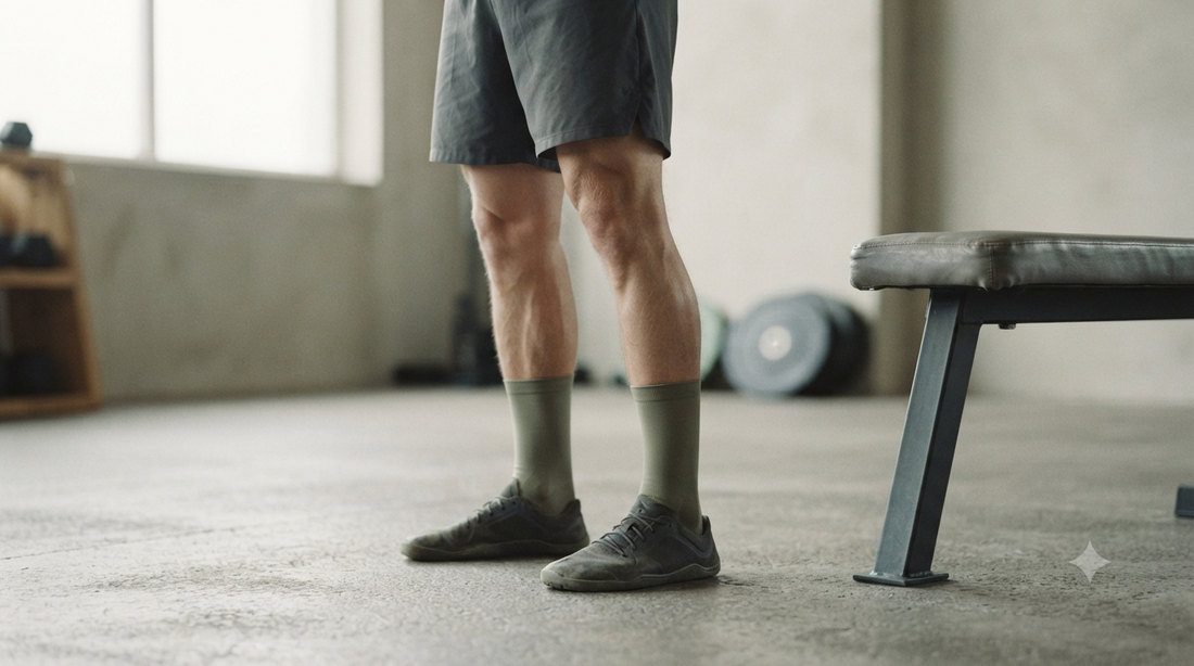 Athlete's lower legs standing beside a bench in a minimalist gym