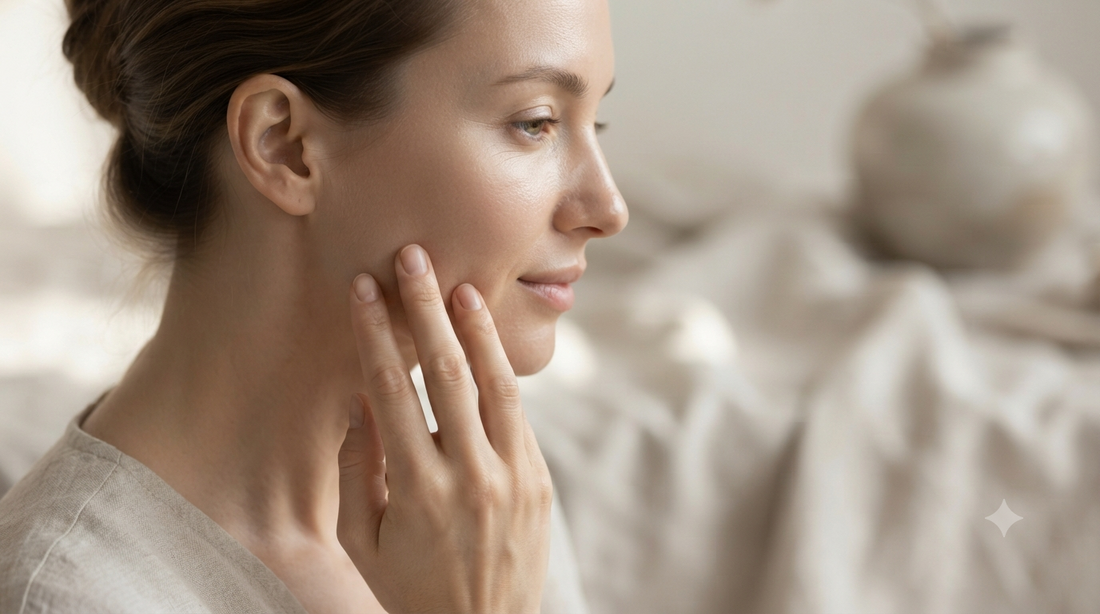 Woman gently touching her cheek in soft natural light