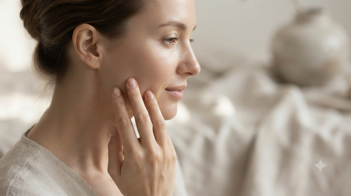 Woman gently touching her cheek in soft natural light