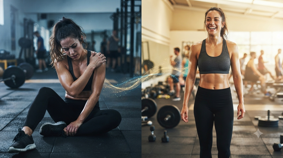 Athlete recovering from shoulder soreness beside the same athlete energized in the gym