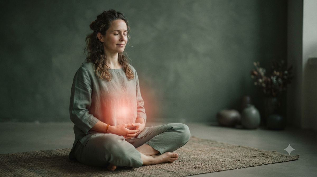 Woman meditating peacefully with a soft warm glow across her midsection