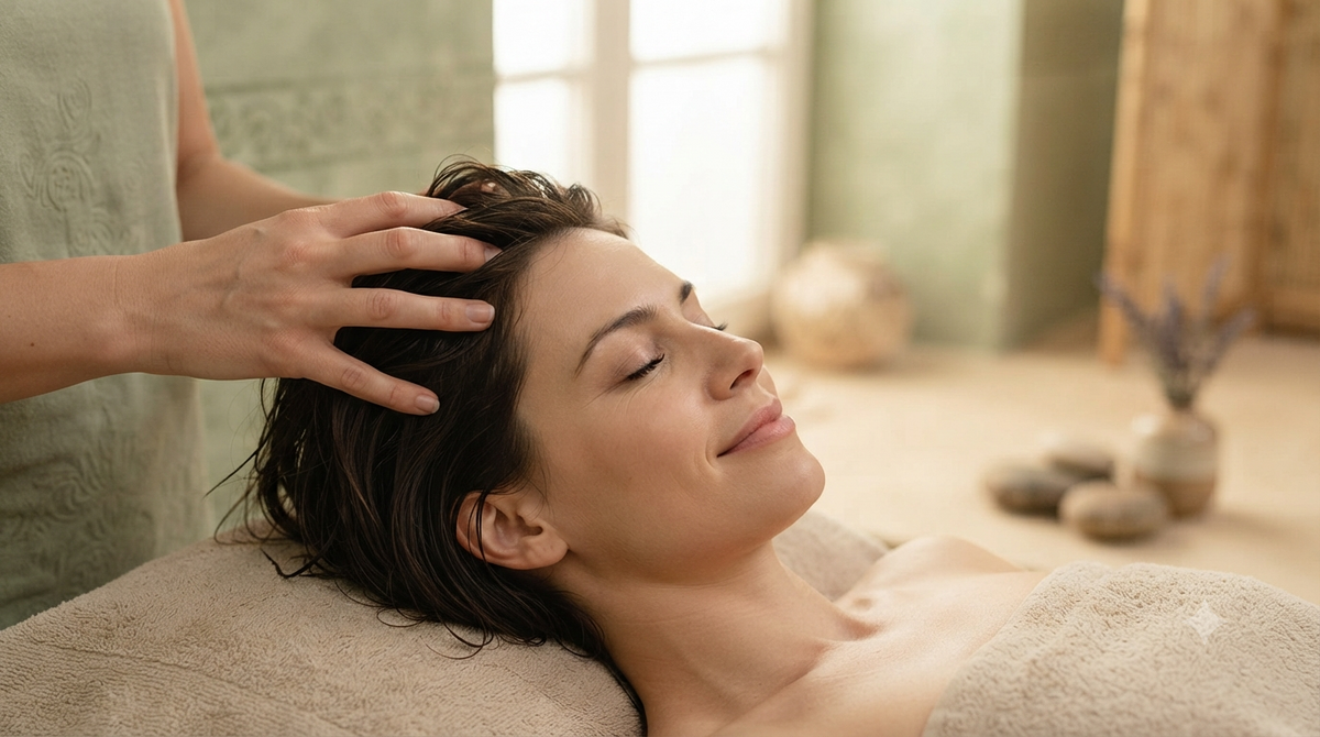Hands giving a relaxing scalp massage in a serene spa setting