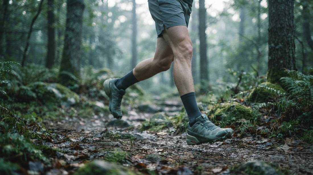 Trail runner's lower legs mid-stride on a forest path