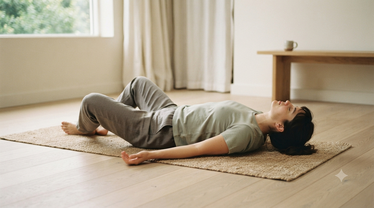 Person lying relaxed on a mat with knees bent in a calm room