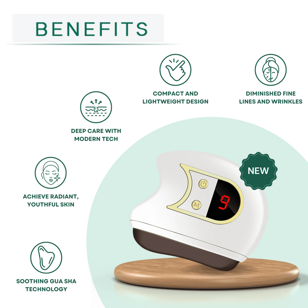 Electric Gua Sha facial sculpting device specifications showing collagen boost and anti-aging benefits