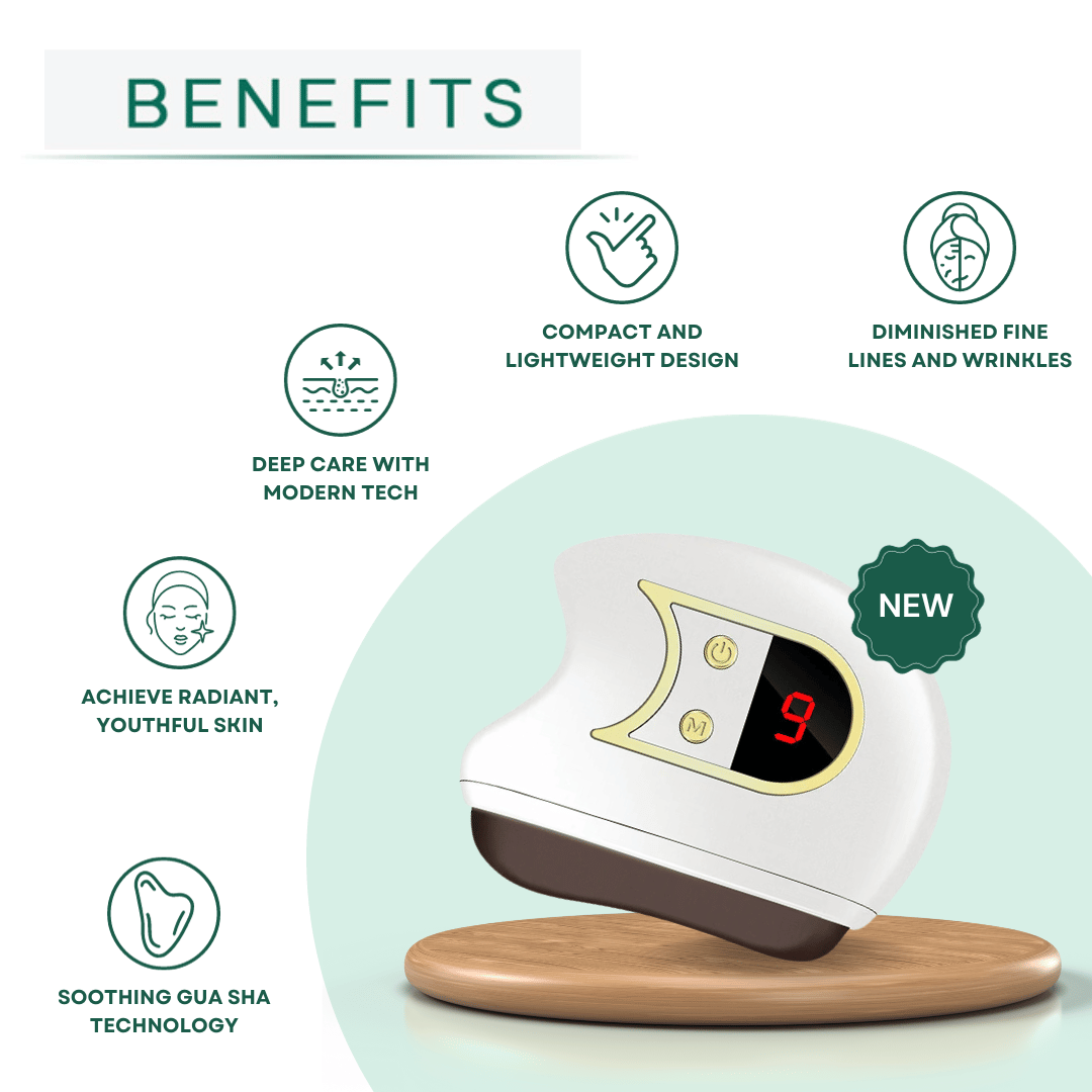 Electric Gua Sha facial sculpting device specifications showing collagen boost and anti-aging benefits
