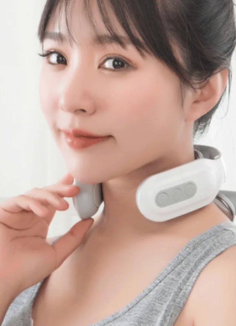 Woman wearing white cervical neck massager showing front placement and control panel