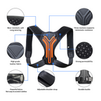 Posture corrector feature diagram showing wear-resistant fabric, three memory supports, adjustable straps and durable buckle