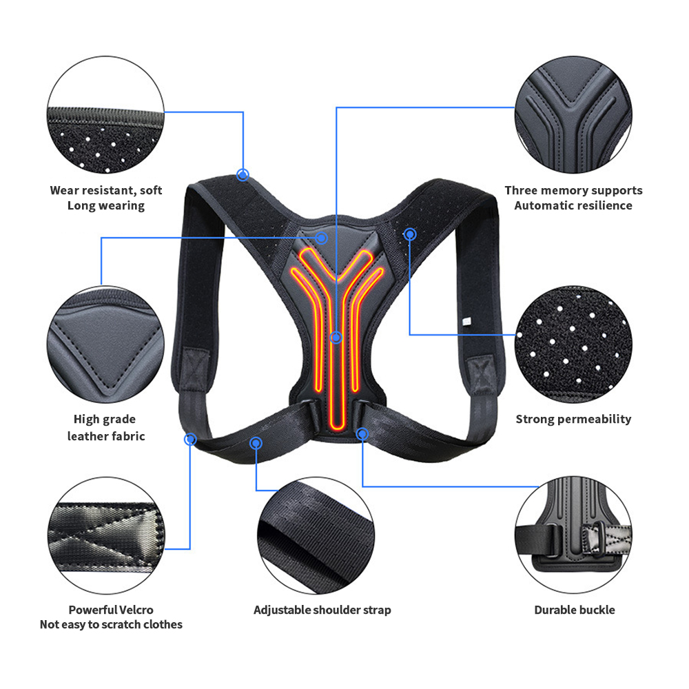 Posture corrector feature diagram showing wear-resistant fabric, three memory supports, adjustable straps and durable buckle