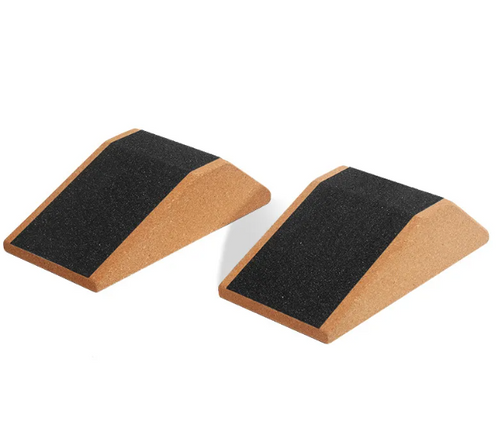 Cork squat wedges with black sandpaper grip top for use with shoes