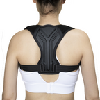 Woman wearing black invisible posture corrector brace showing upper back and shoulder alignment