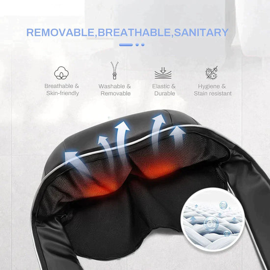Shiatsu neck and shoulder massager cushion with 8 heated deep-kneading rollers