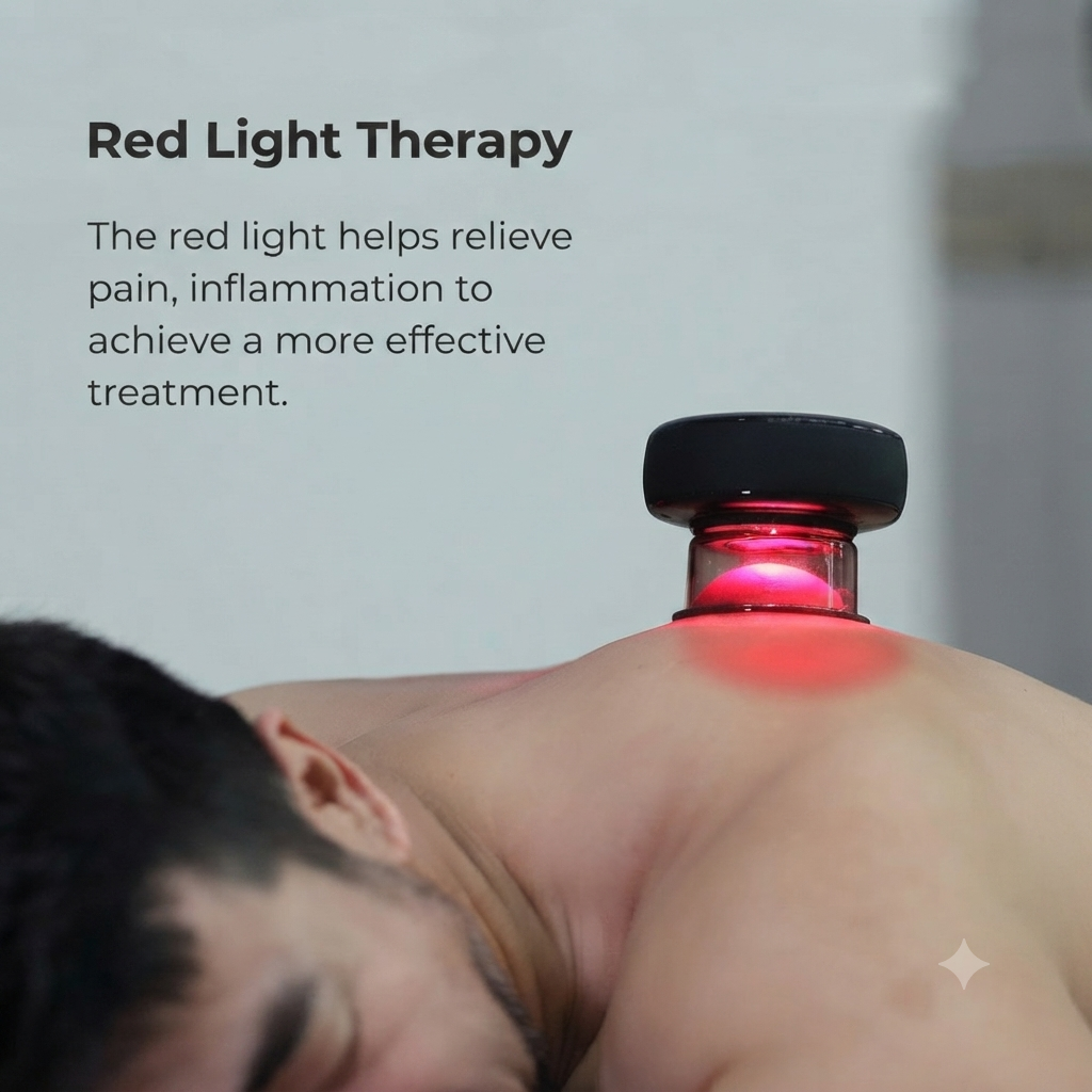 Red light therapy cupping massager in use on upper back showing red light glow