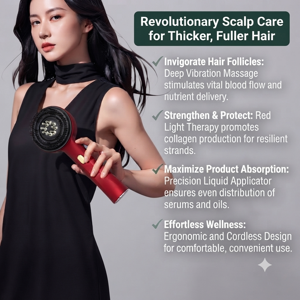 Vibrating massage comb applying hair serum evenly to scalp