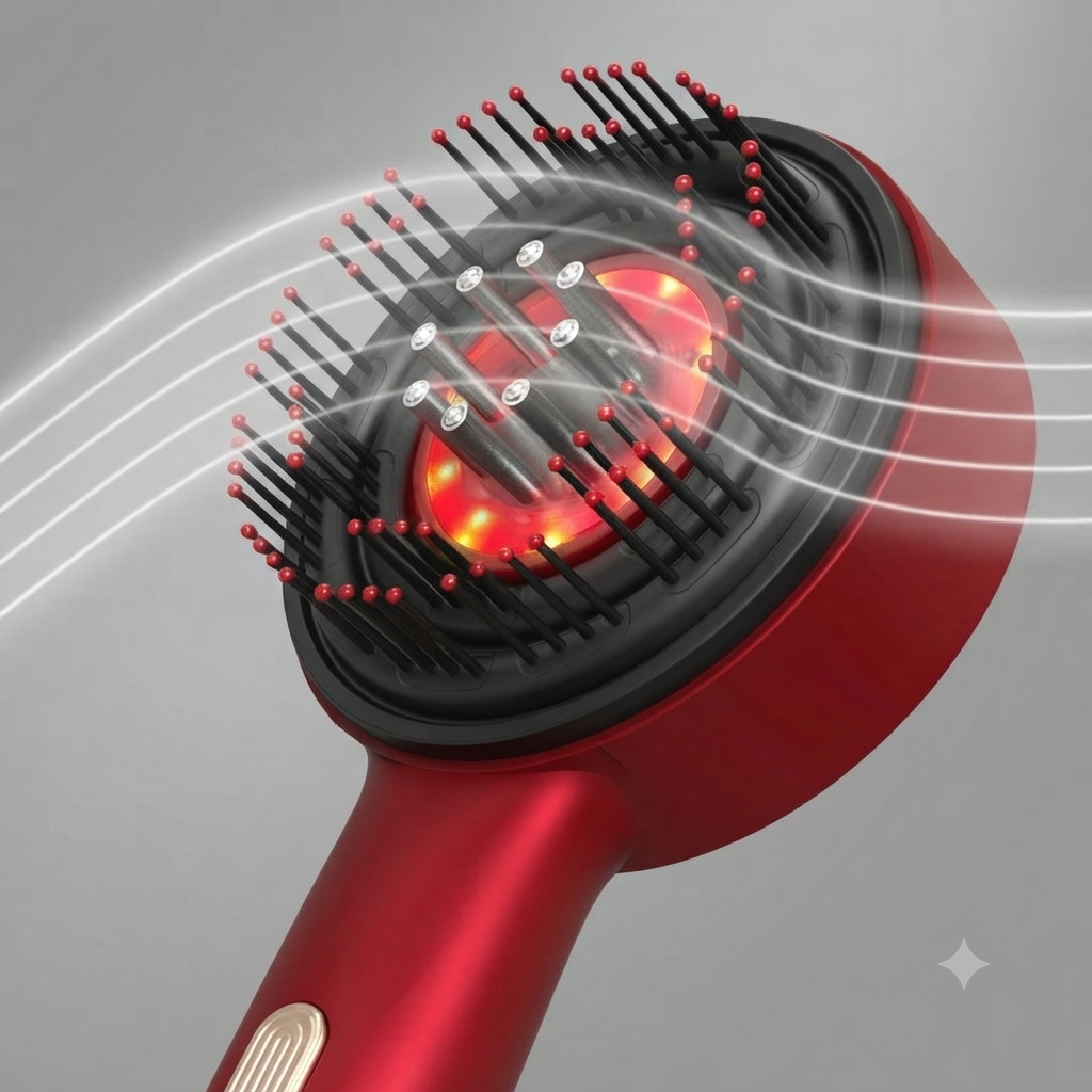 Vibrating massage comb in use for relaxing scalp massage