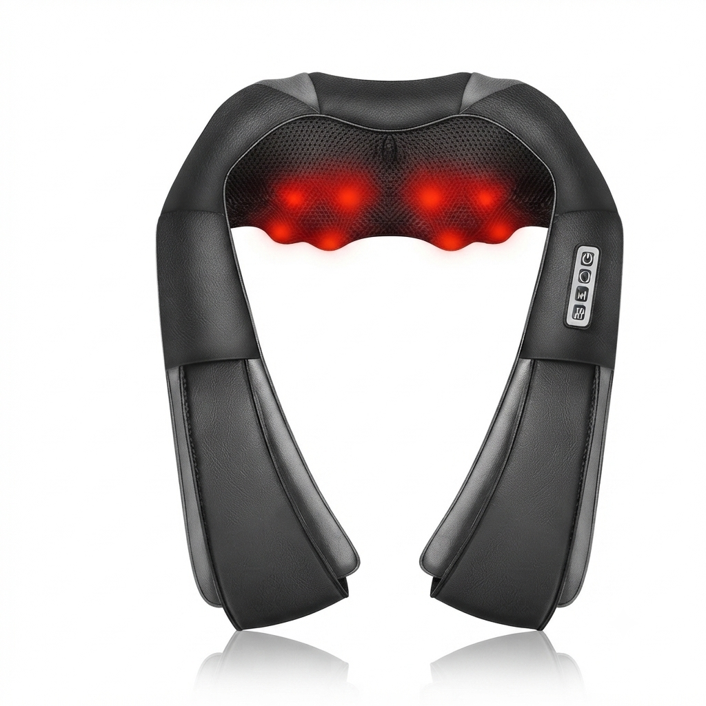 Shiatsu neck and shoulder massager with 8 deep-kneading heated rollers for pain relief