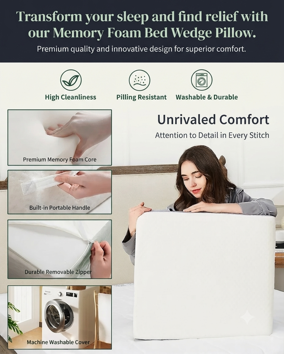 Memory Foam Bed Wedge Pillow - Orthopedic Back Support for Snoring Relief & Acid Reflux
