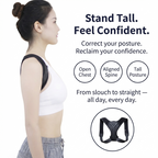 Stand Tall Feel Confident posture corrector infographic showing open chest aligned spine and tall posture benefits
