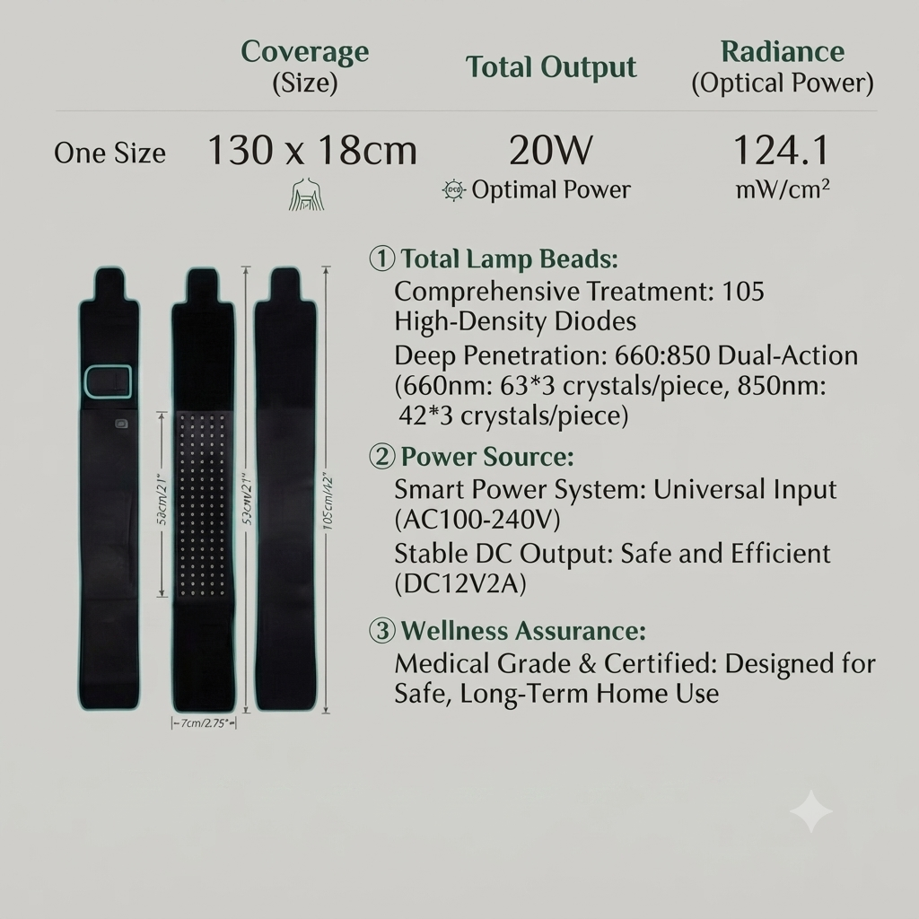 Infrared therapy belt with 105 LED beads emitting 660nm red and 850nm infrared light