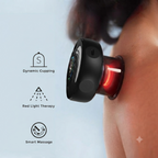 Electric cupping massager feature callout showing dynamic cupping red light therapy and smart massage icons