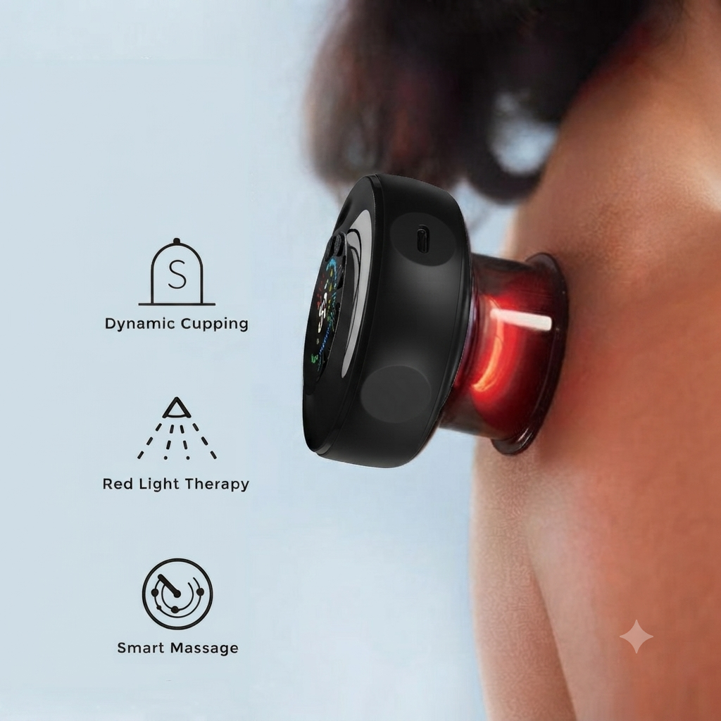 Electric cupping massager feature callout showing dynamic cupping red light therapy and smart massage icons