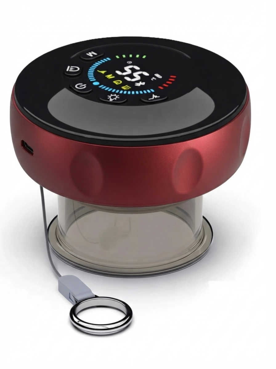Electric cupping massager red variant with LCD touch screen display and clear cup on white background