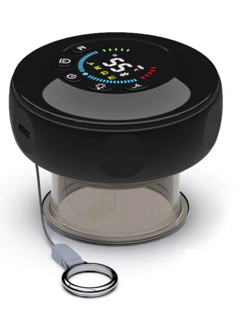 Electric cupping massager black with LCD touch screen display and clear cup on white background