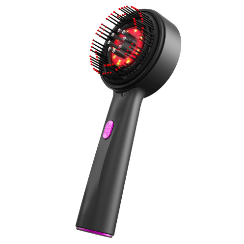 Vibrating massage comb ergonomic handle and power button