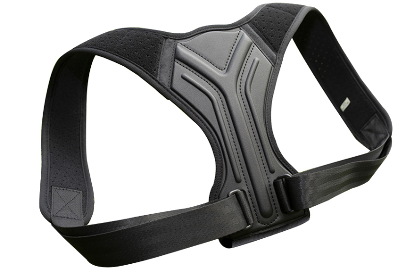 Black posture corrector brace angled view showing Y-shaped back plate and adjustable shoulder straps