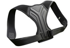 Black posture corrector brace angled view showing Y-shaped back plate and adjustable shoulder straps