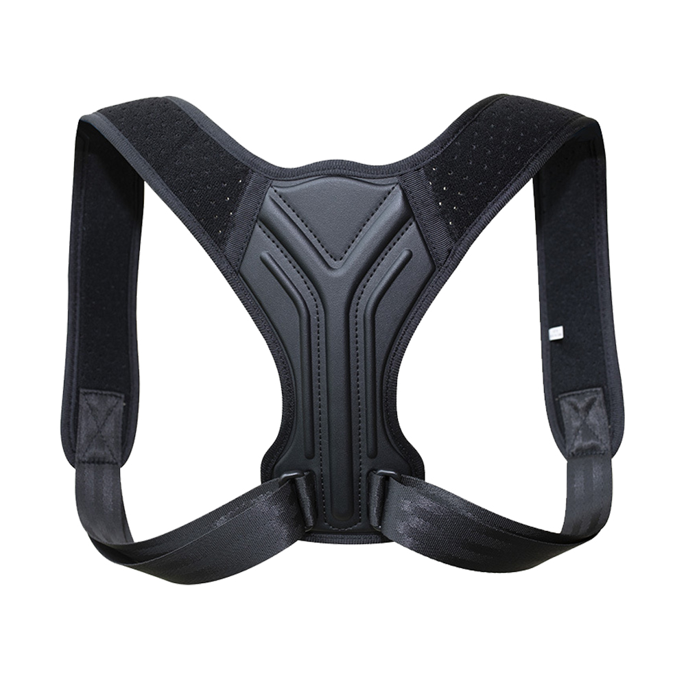 Invisible posture corrector black Y-shaped back support brace on white background